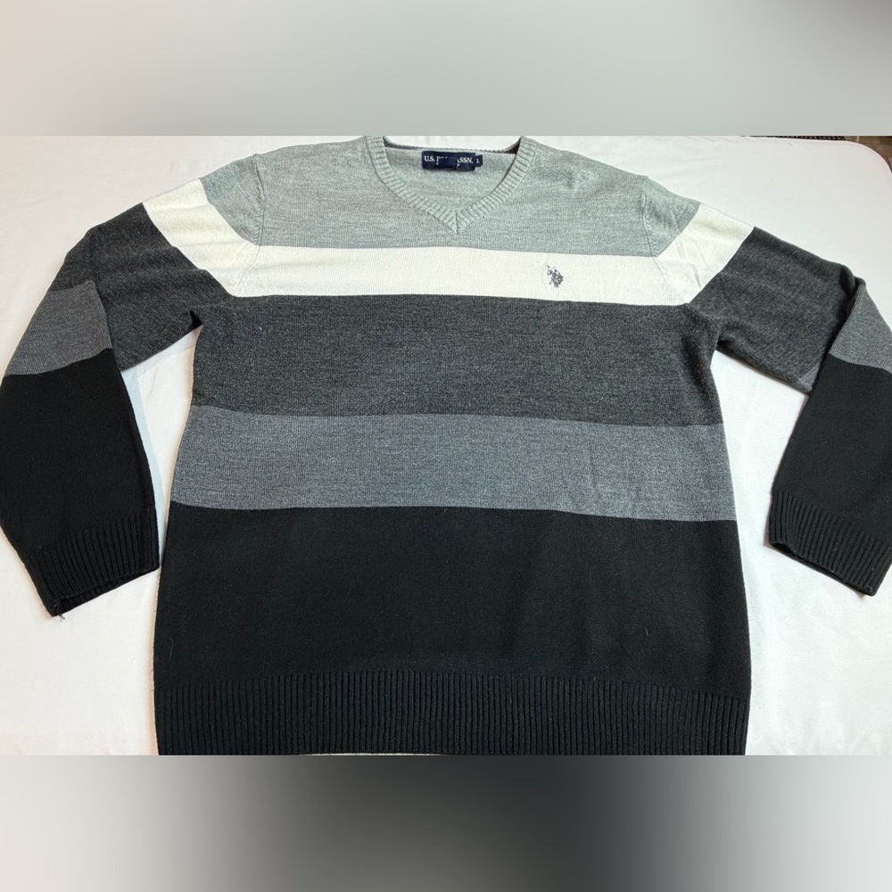 U.S. Polo Assn. Men’s Striped V-Neck Sweater — Black, Gray & Cream